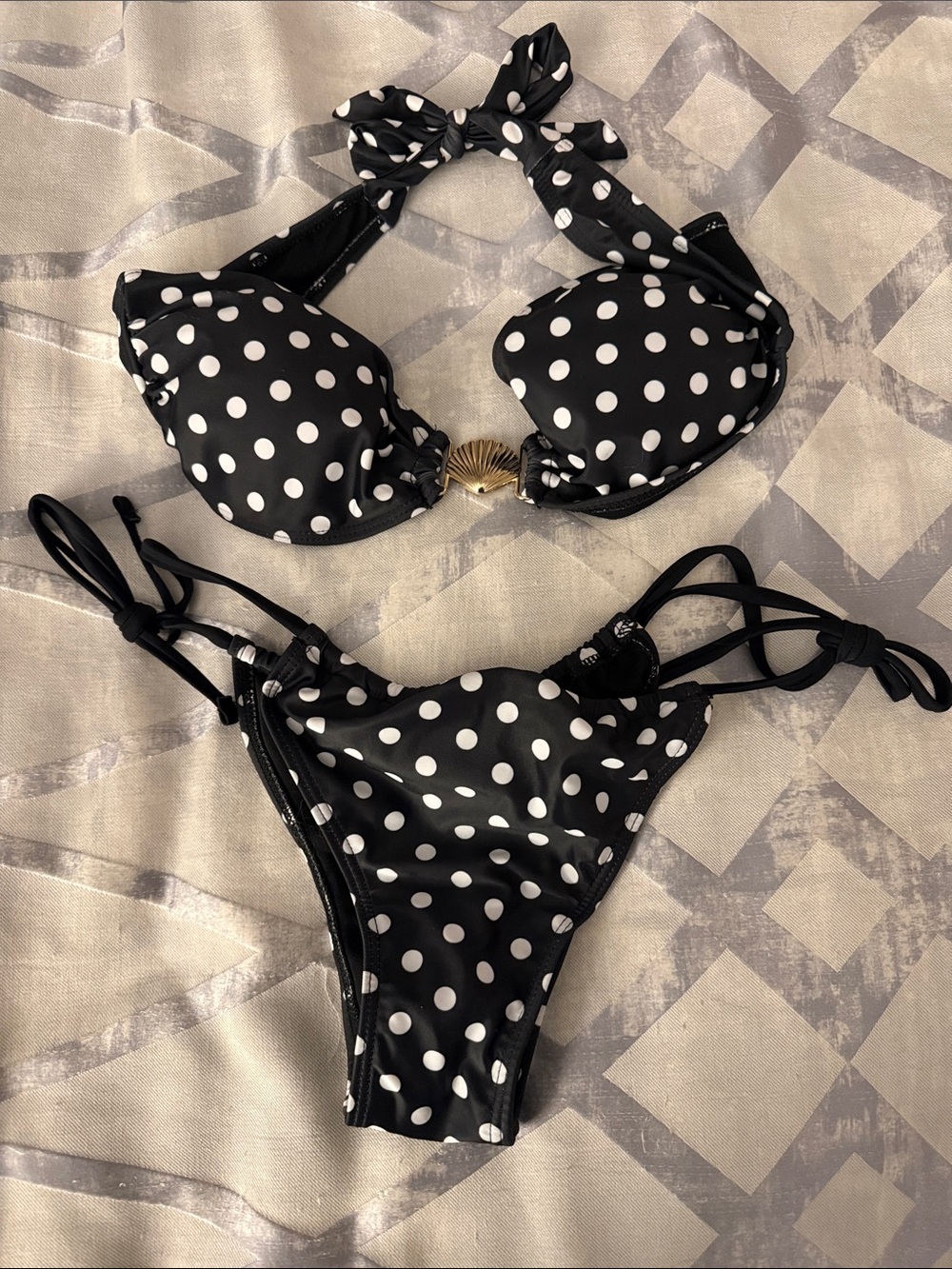 H&M Black and White Polka Dot Bikini Set with Coverup Skirt